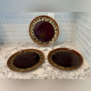 Set of Three Vintage Brown Drip Glaze Ceramic Plates